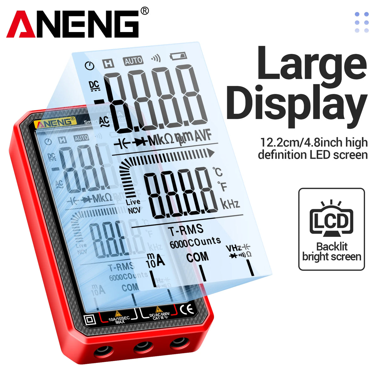A red digital multimeter with a large display and accessories is shown next to its instruction manual.