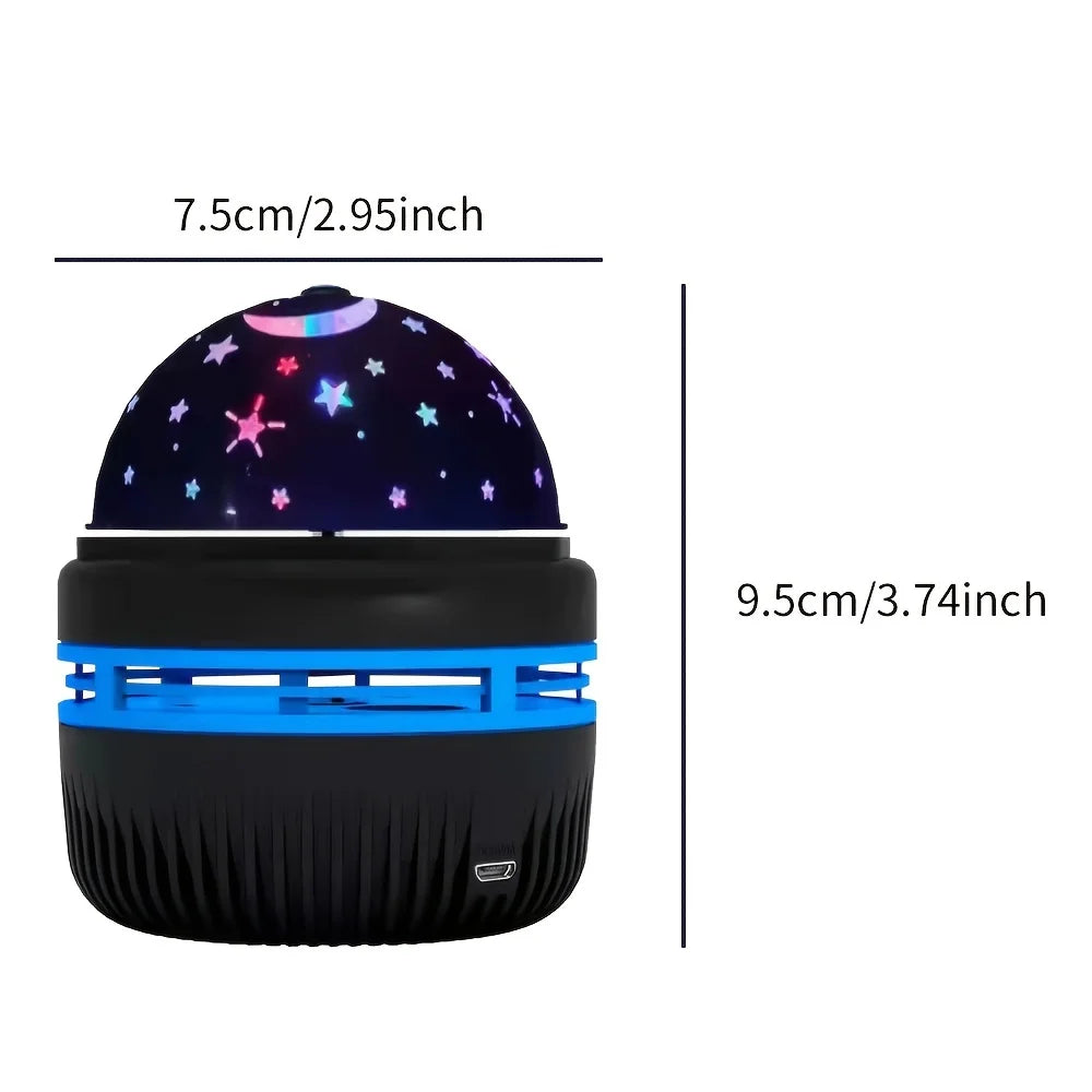 Lampe de poche LED noire avec dôme, motif ciel étoilé et anneau de lumière bleue.
