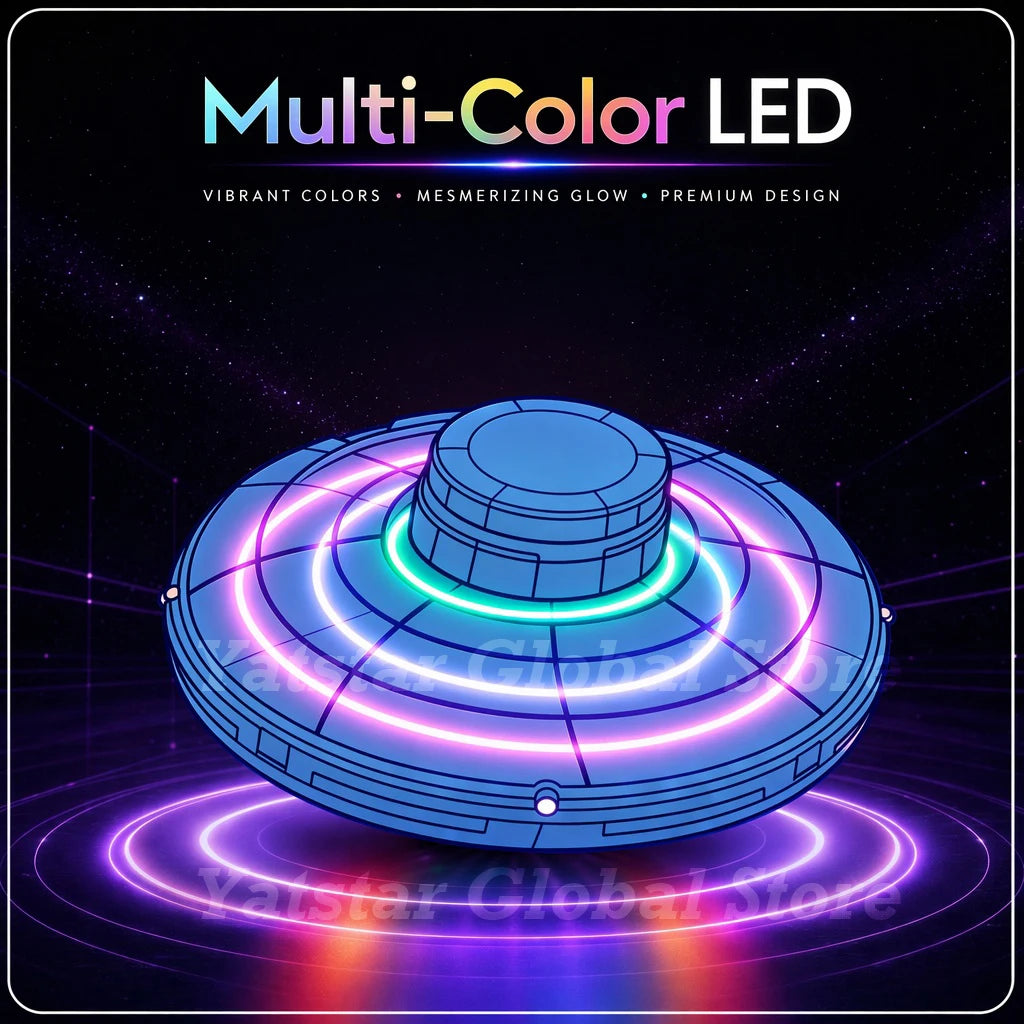 A multi-color LED flying orb boomerang with a glowing effect set against a dark background.