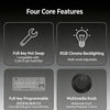 Features of a mechanical keyboard including full-key hot swap, RGB chroma backlight, and a multimedia knob.