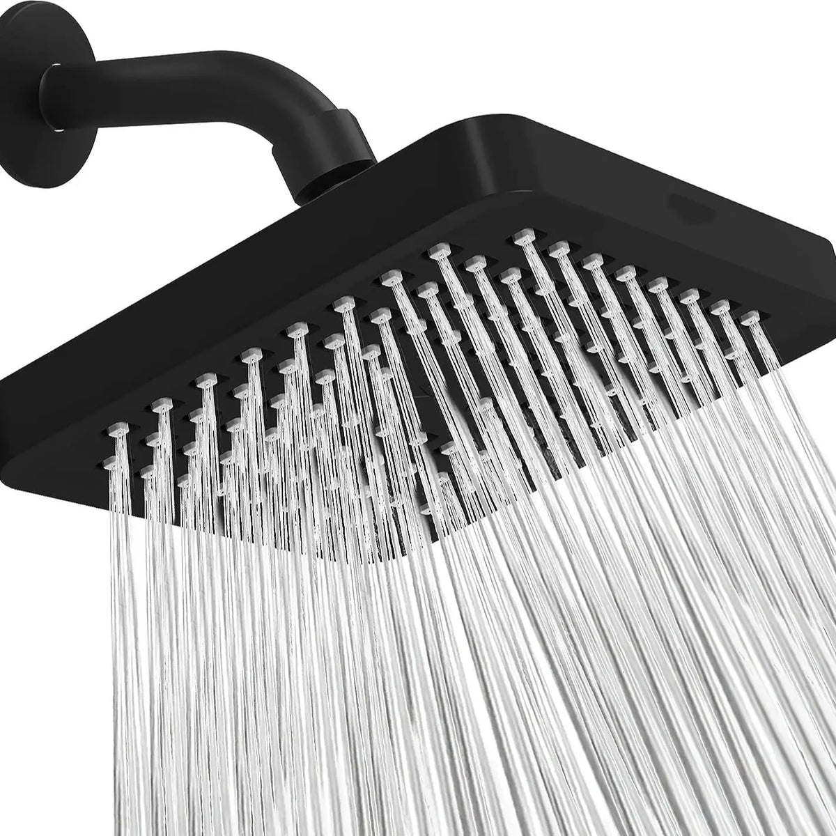 A black 6-inch high-pressure rainfall shower head with multiple nozzles spraying water.