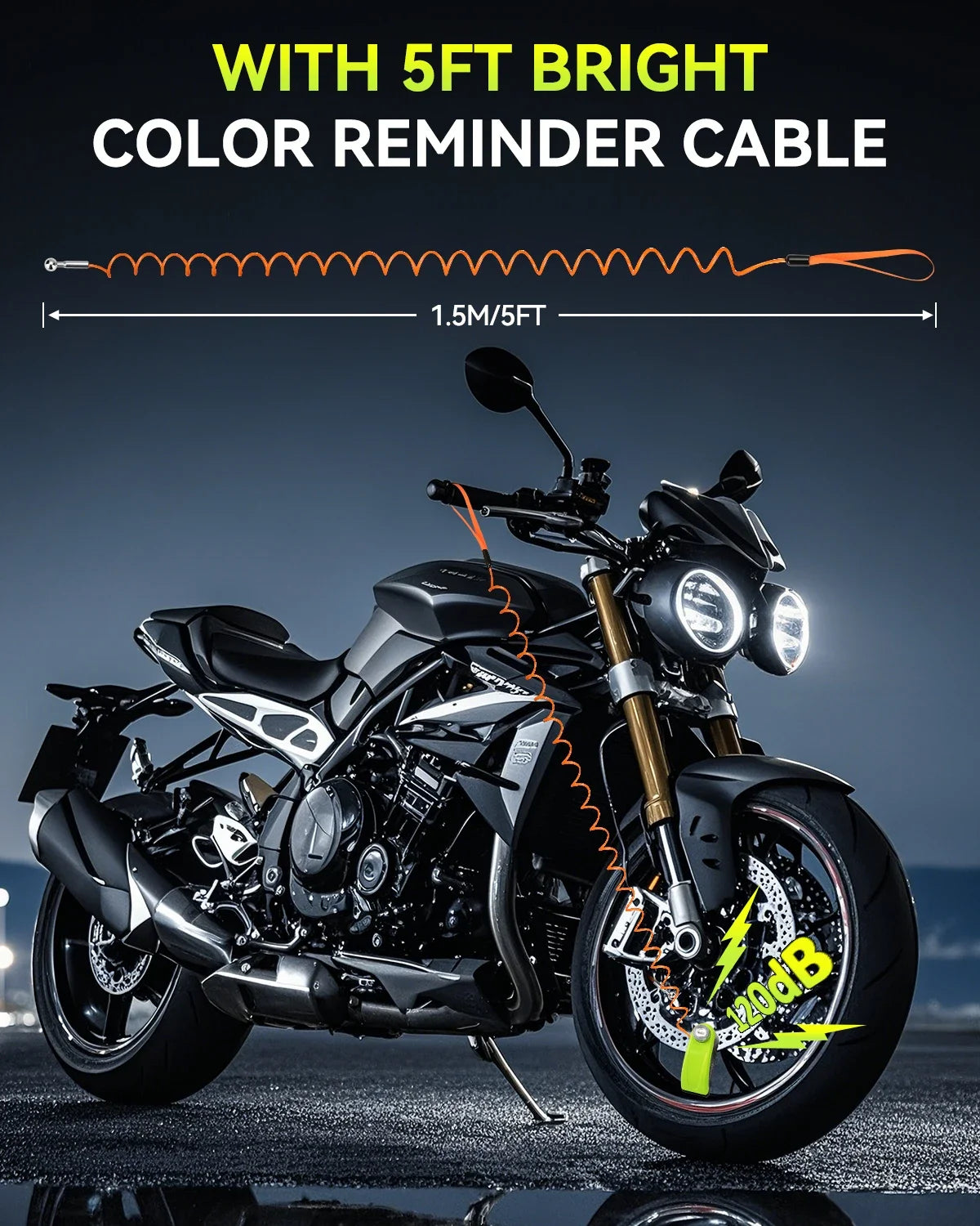 A black motorcycle is shown with a 5ft bright color reminder cable attached to the frame.