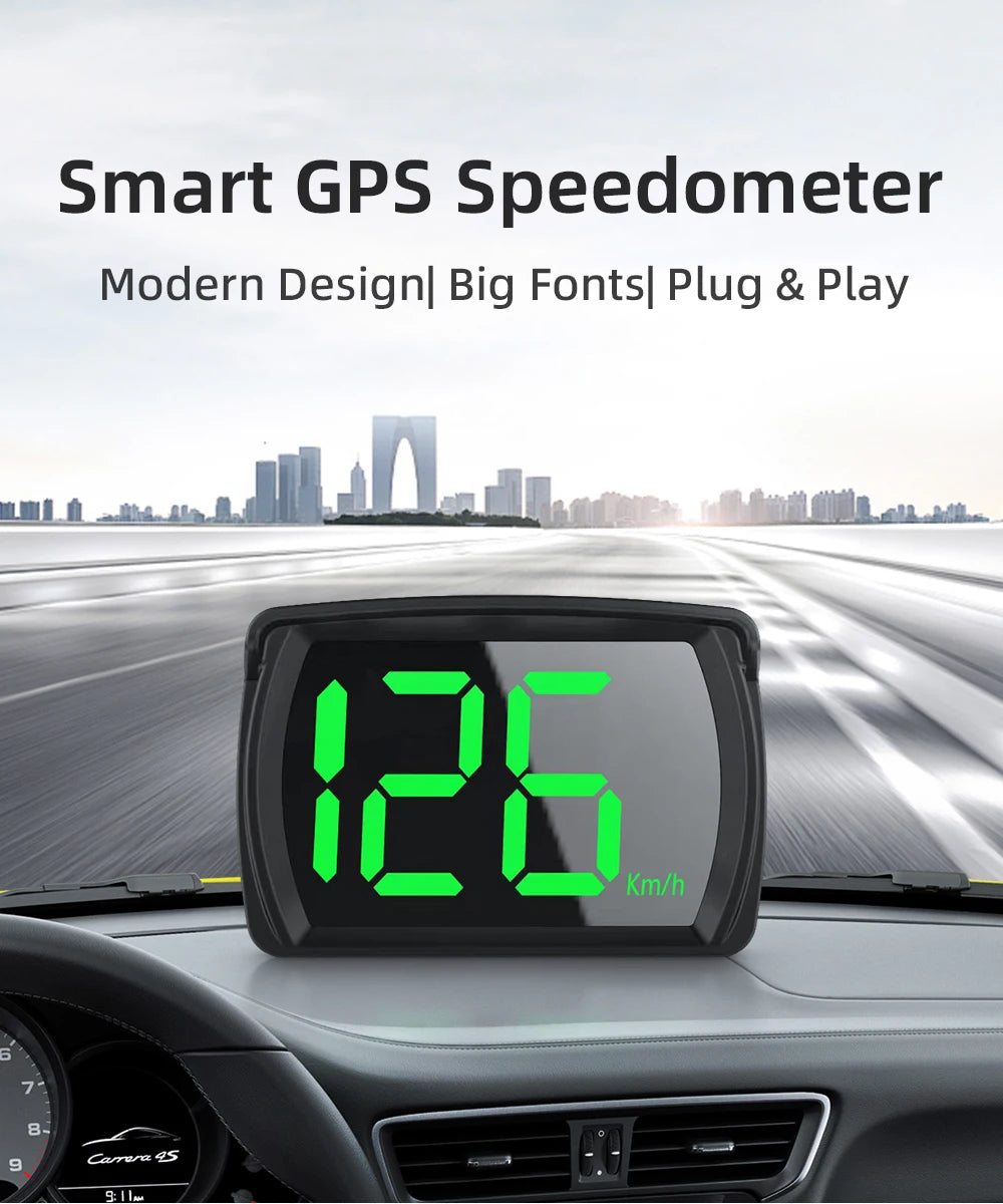 A digital smart GPS speedometer with a large green LED display mounted in a car's dashboard.