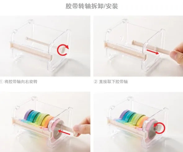 Demonstration of using a plastic tape cutter and storage box for creative washi tape.