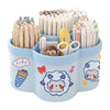A light blue rotating desk organizer holding multiple pens, pencils, and supplies.