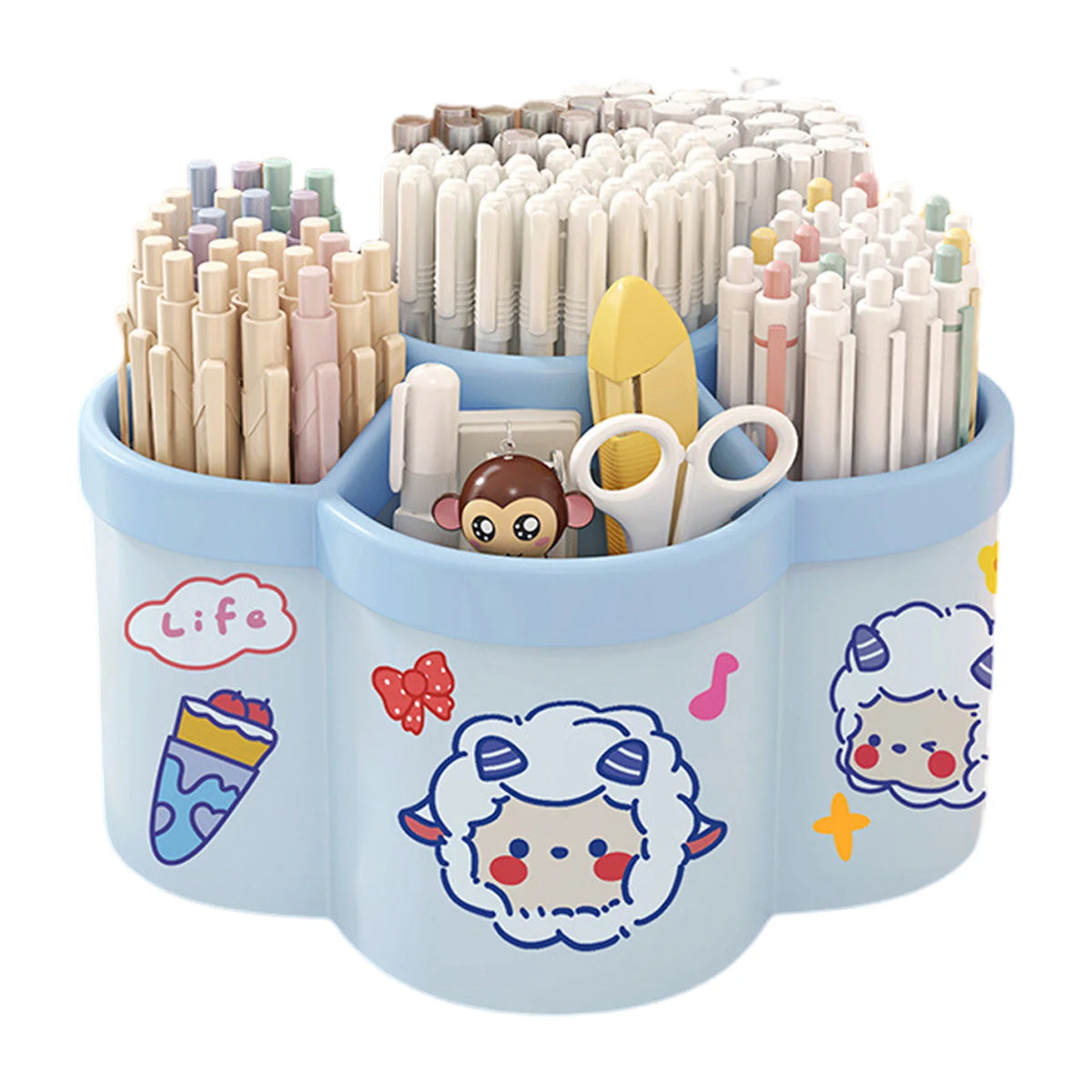 A light blue rotating desk organizer holding multiple pens, pencils, and supplies.