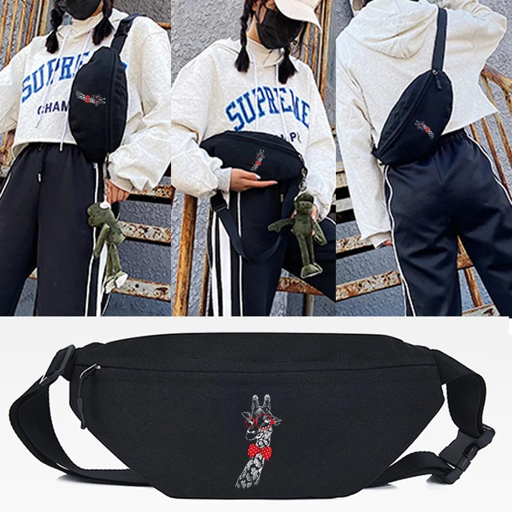 Black linen waist pack featuring a detailed animal design worn by a person.