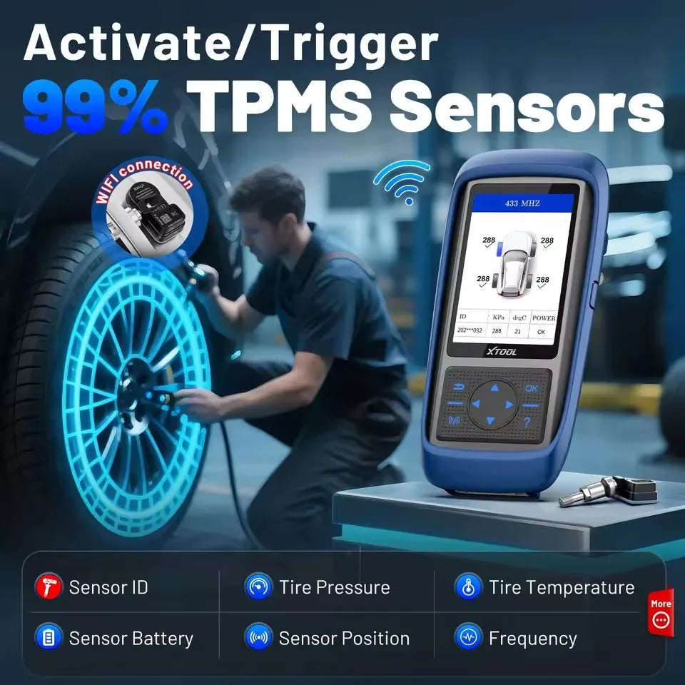 A blue XTOOL TPMS sensor tool is shown next to a tire, illustrating the activation of 99% TPMS sensors.
