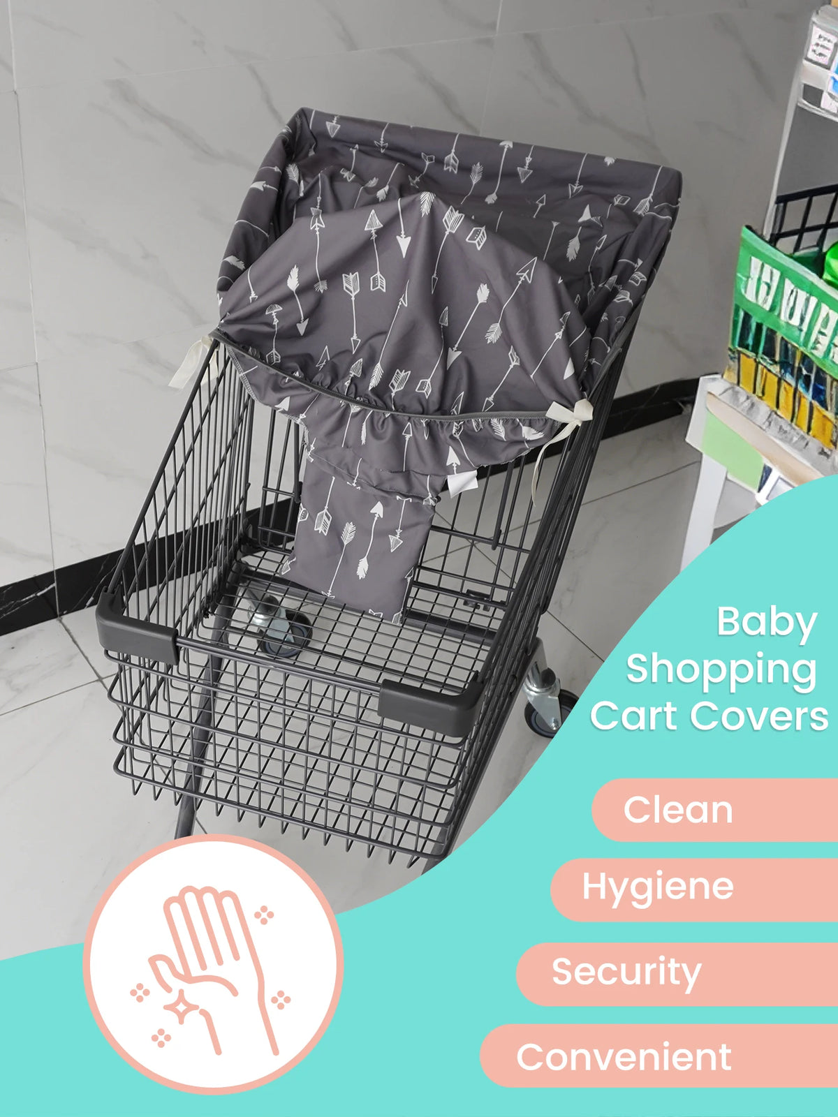 A black wire shopping cart is shown with a gray waterproof seat cover placed over the seat, emphasizing clean hygiene and sec