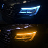 Close-up of a car's headlight featuring bright blue LED daytime running lights.