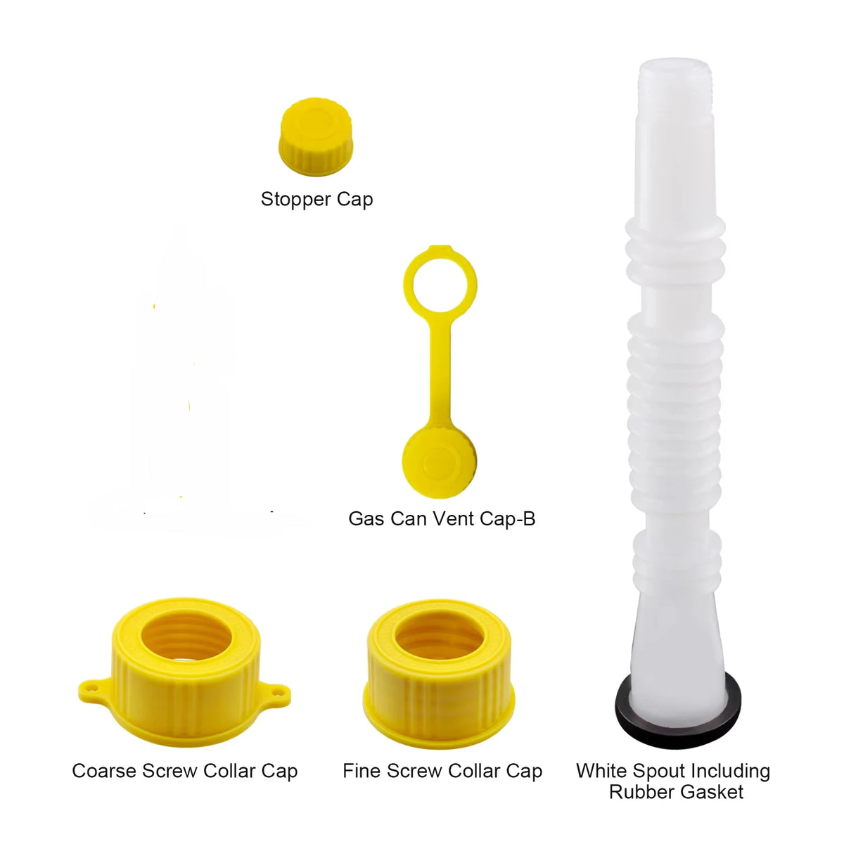 A set of yellow and white components for a universal flexible gas can spout replacement kit including stopper cap, vent cap, 