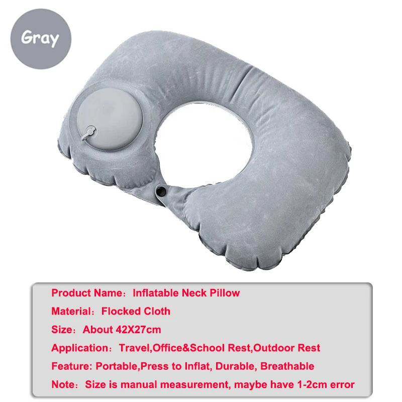 Gray inflatable U-shaped neck pillow made of flocked cloth for travel and rest