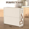 A white foldable bedding storage box with a clear window is shown on a wooden surface.