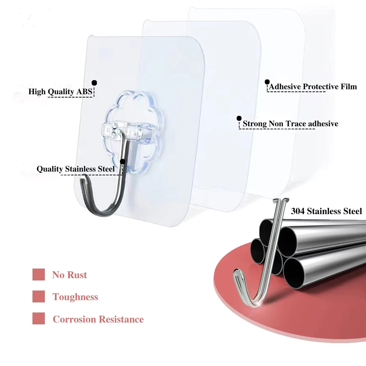 Clear plastic adhesive hooks with stainless steel components and protective film for heavy duty use