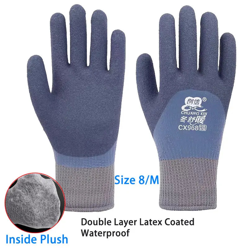 A pair of blue thermal work gloves with a gray cuff and a plush inner lining, showing the palm side.
