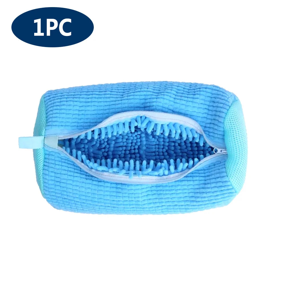 A light blue reusable mesh laundry bag for shoes, shown flat with an open top.
