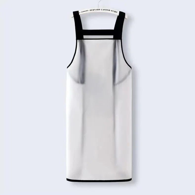 A white transparent waterproof oil-proof kitchen apron with black straps.