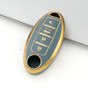 A gold-colored TPU car key case cover with a sliding mechanism for Nissan and Infiniti models.