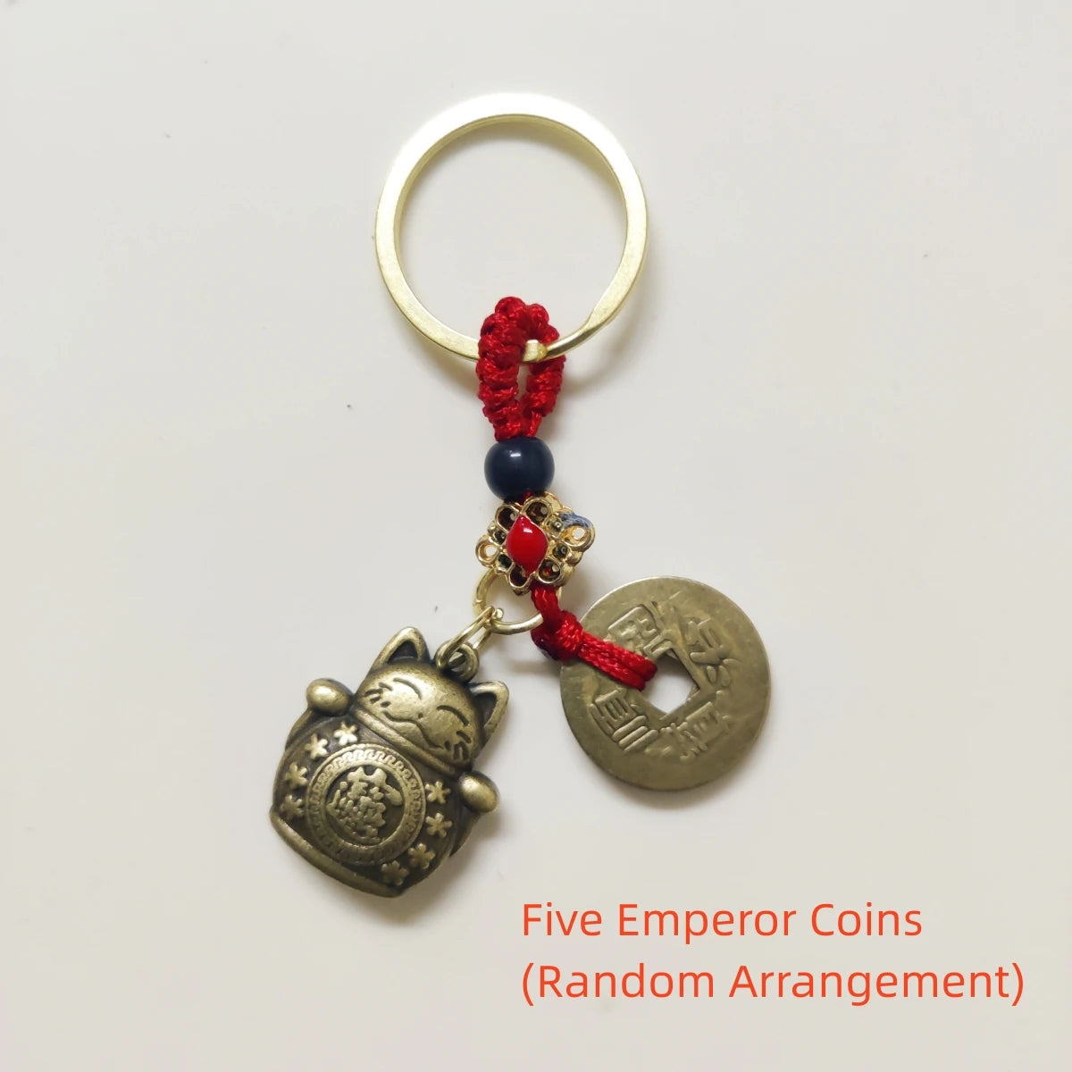 Vintage Lucky Cat Keychain with Five Emperors Coins
