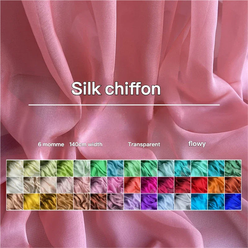 A swatch chart of various colors of silk chiffon fabric showing transparency and flowy drape.