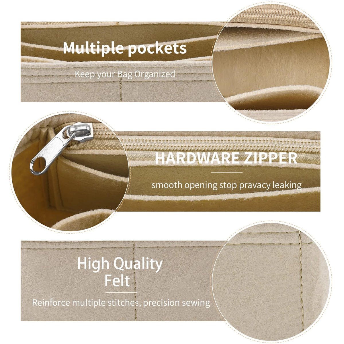 Close-up view of a tan felt purse organizer insert showing multiple pockets, hardware zipper, and reinforced stitching.