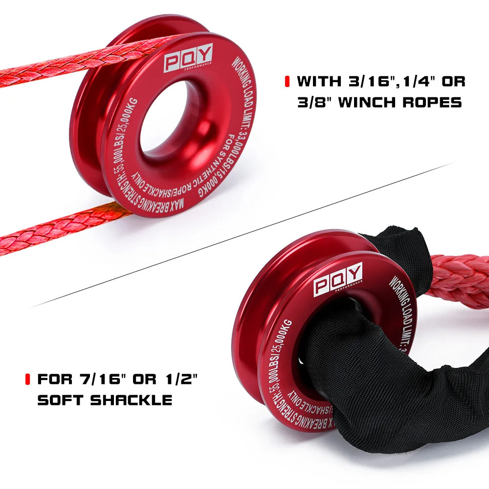 Red recovery ring and synthetic winch rope set with a protective sleeve for use with soft shackles