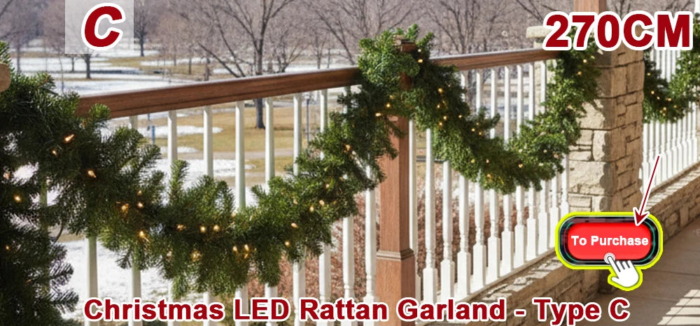 Christmas LED Rattan Garland Type C decoration draped along a wooden railing in an outdoor setting.