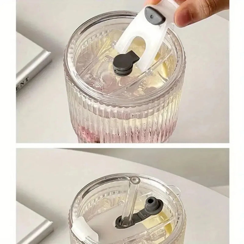 600ml Striped Glass Tumbler with Lid and Straw