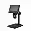 A black digital microscope with a screen mounted on a stand.