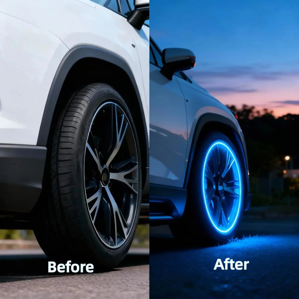 Before and after comparison showing glow-in-the-dark tire valve caps on a white SUV wheel.