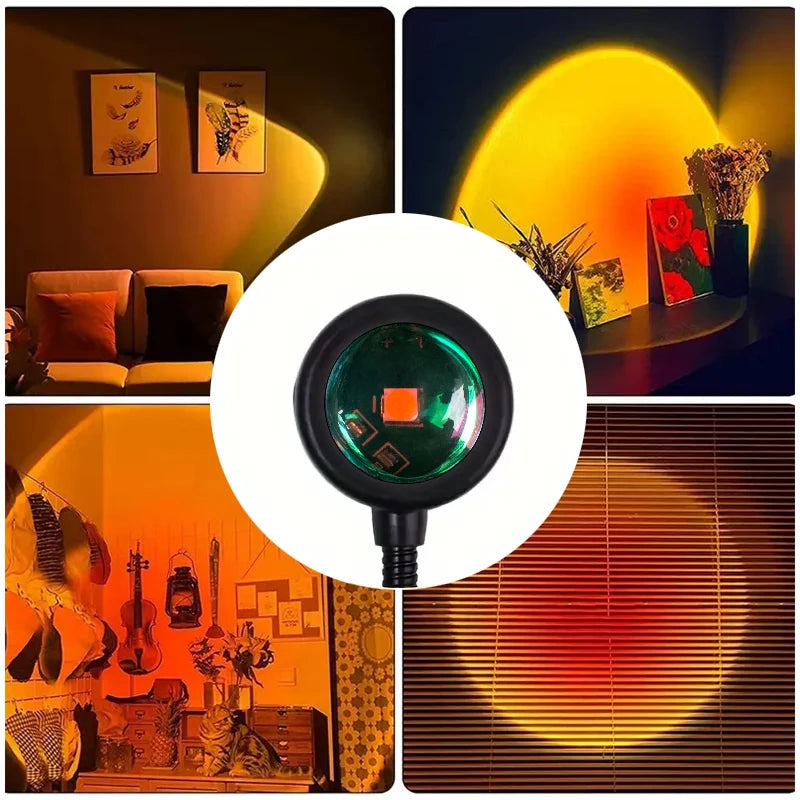 Lampe de projection au coucher du soleil projetant une lumière orange et jaune sur un mur et les objets environnants.