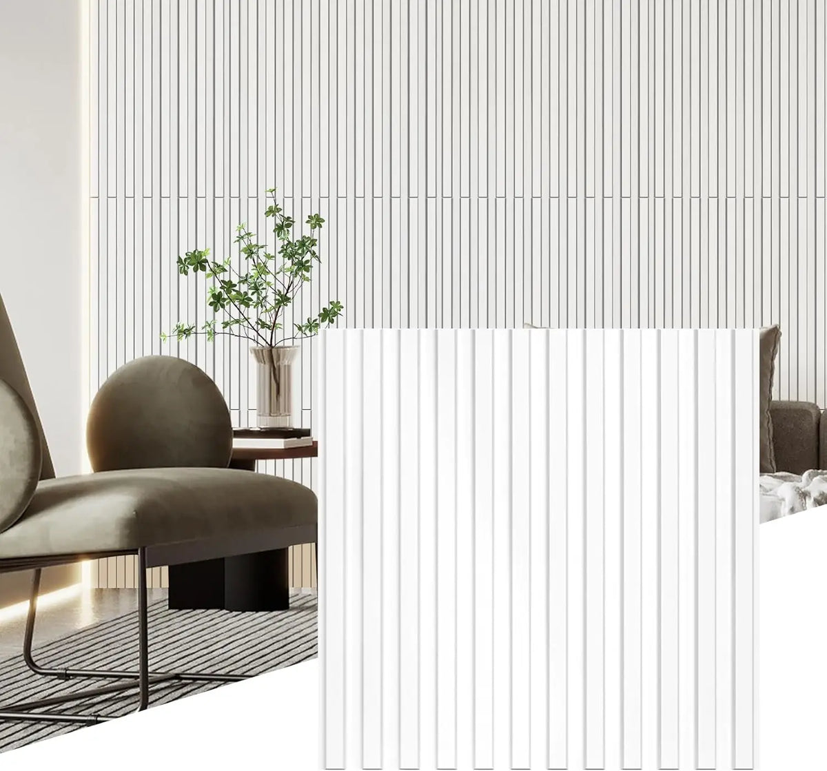 A modern interior featuring a light gray vertical slat wall panel and a brown upholstered chair.