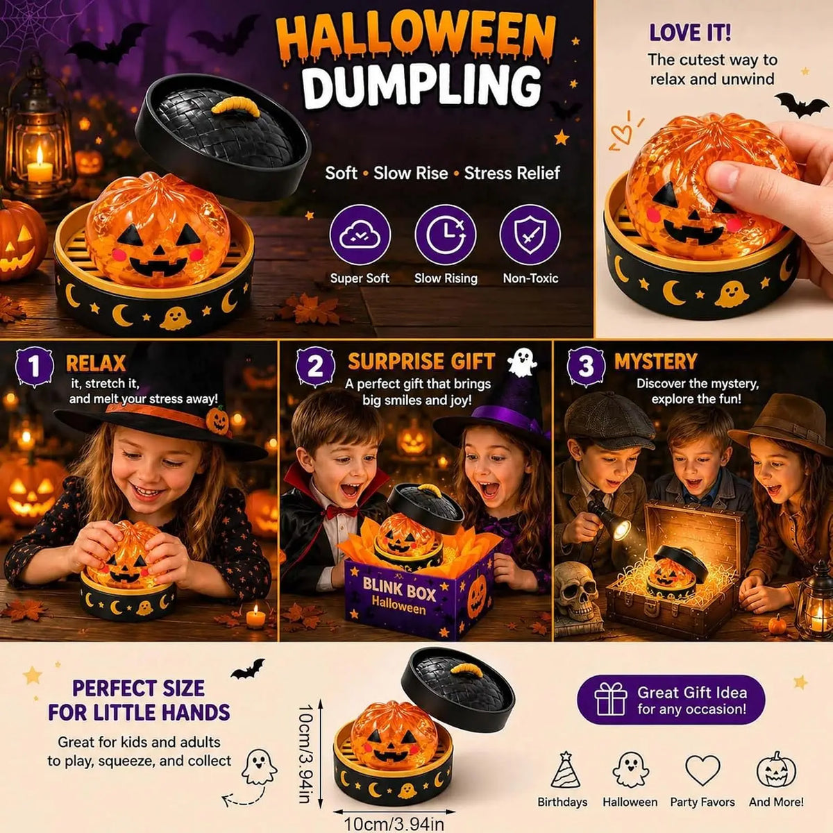 Paquete de juguetes antiestrés de dumplings de Halloween suaves con varios tamaños y temas para niños y adultos.
