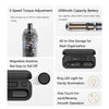 An electric screwdriver product showing features like torque adjustment, battery capacity, storage, LED light, and one-touch 