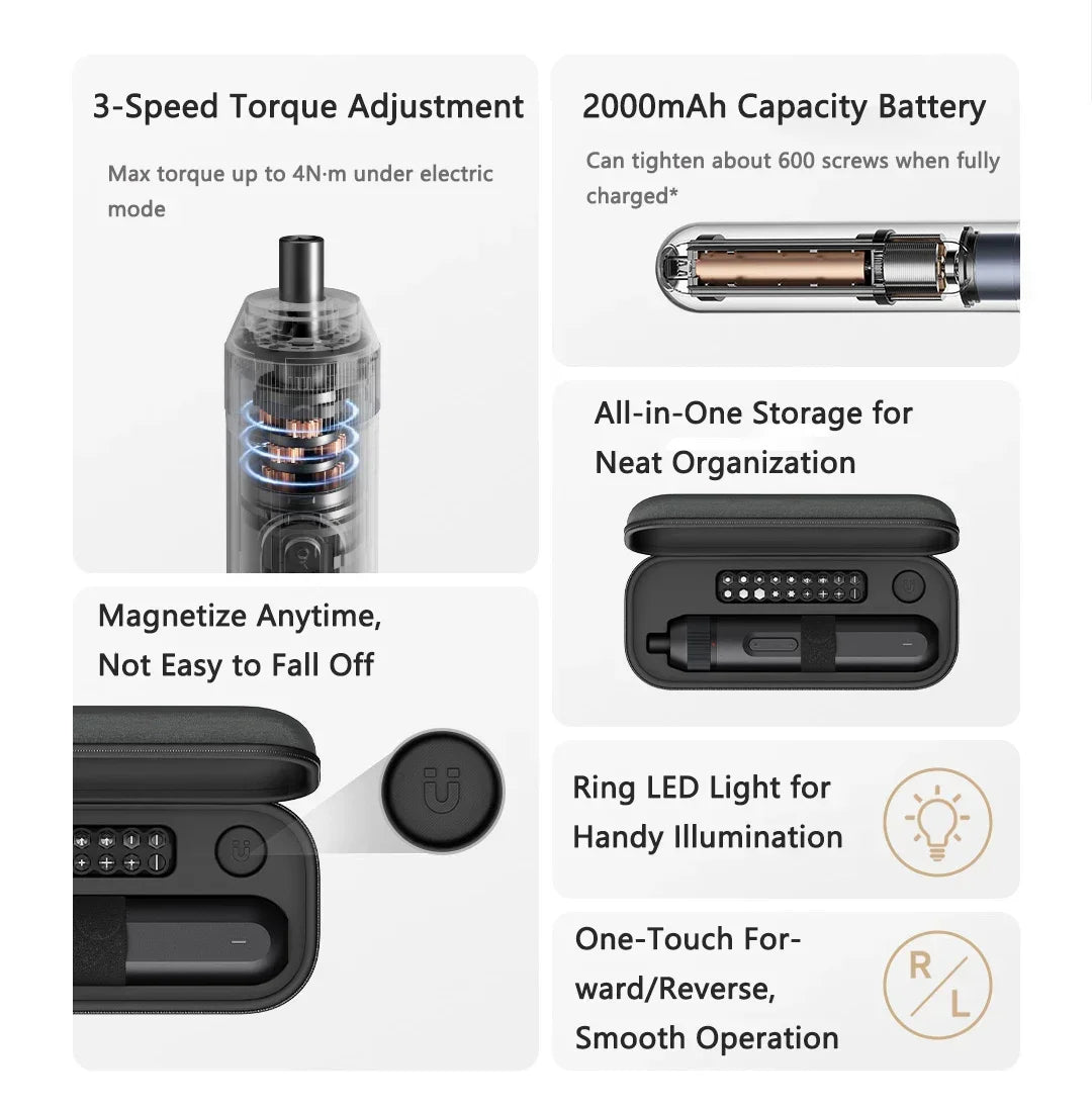 An electric screwdriver product showing features like torque adjustment, battery capacity, storage, LED light, and one-touch 