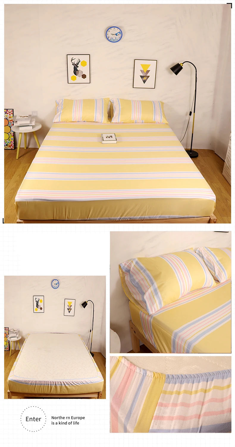 Yellow and striped fitted bed sheet with an elastic band shown on a bed.