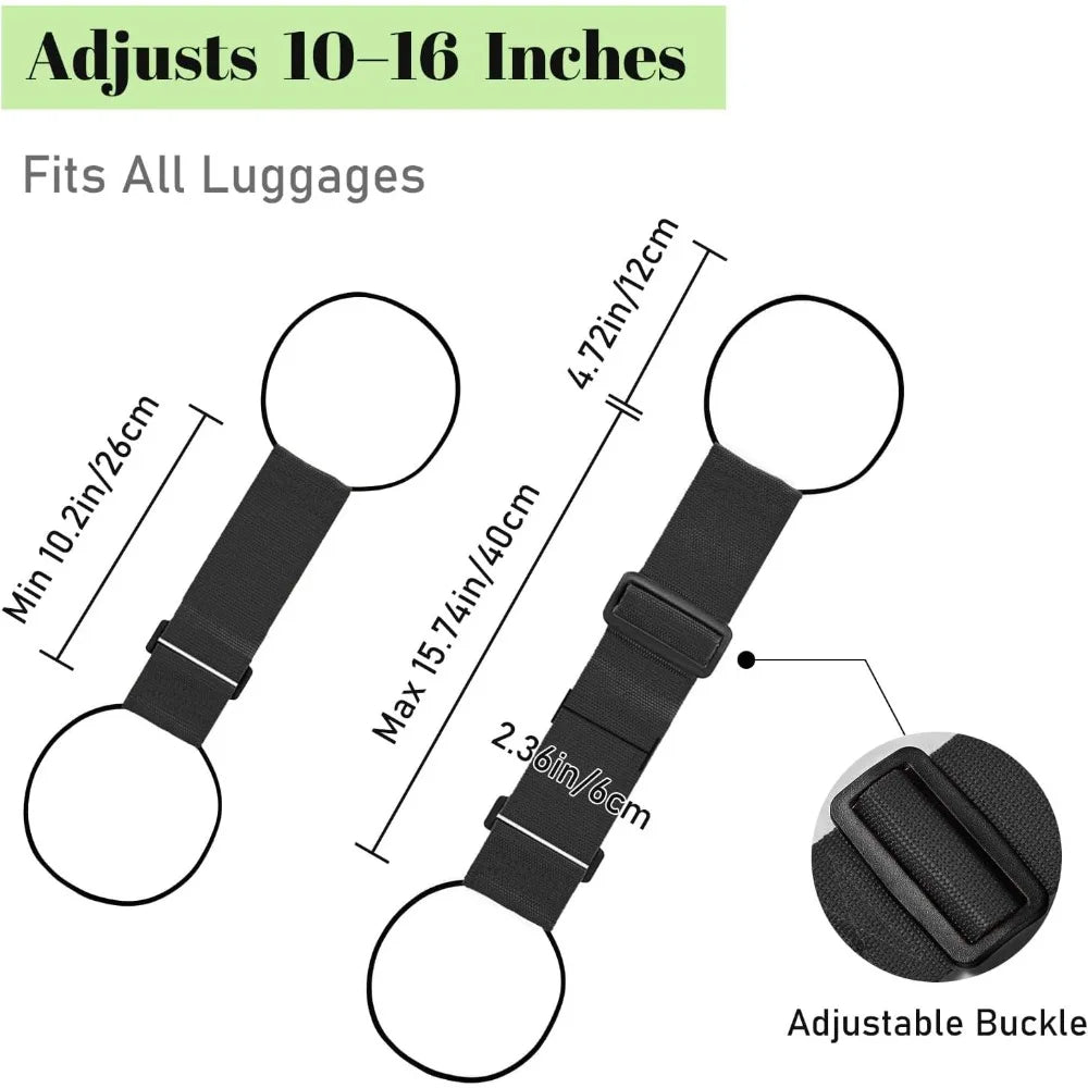 Black adjustable luggage connector straps that fit all luggage, with measurements ranging from 10 to 16 inches.
