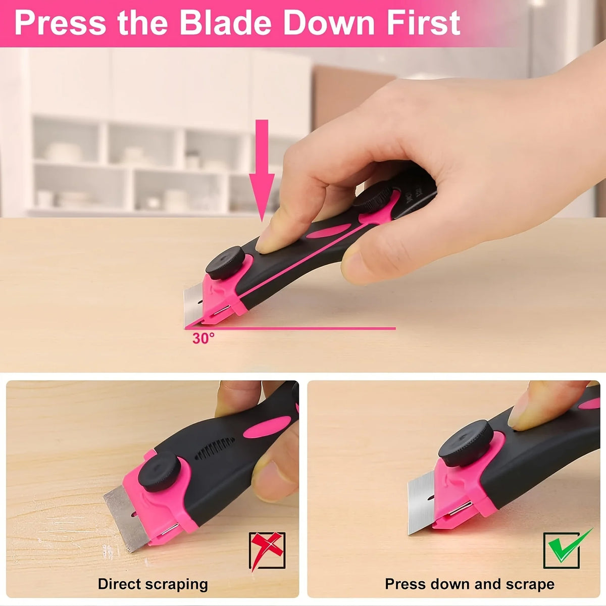 A hand demonstrates pressing a blade down first for an adhesive remover and glass scraper tool.