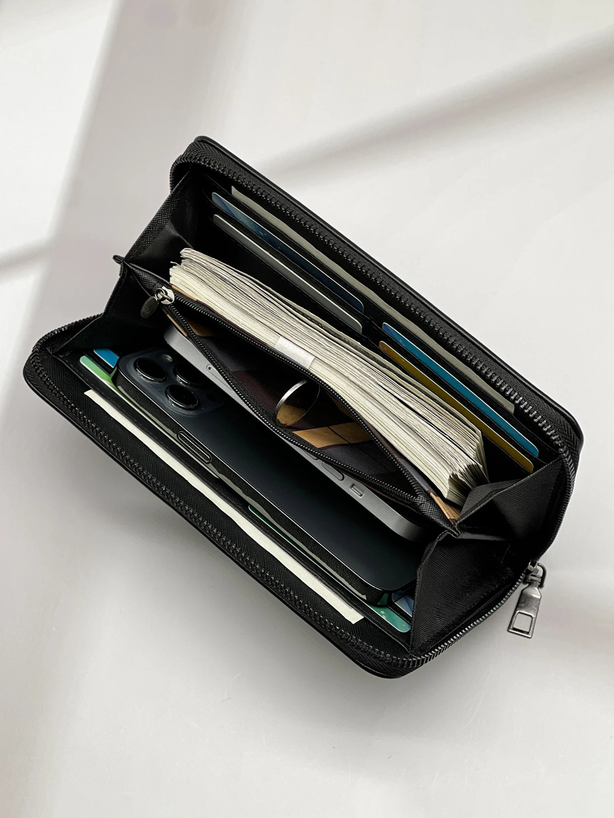 Classic Black Men's Leather Wallet with Phone Pocket