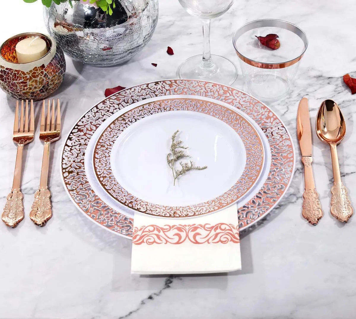 Elegant White Disposable Dinner Plates with Silver Lace Design