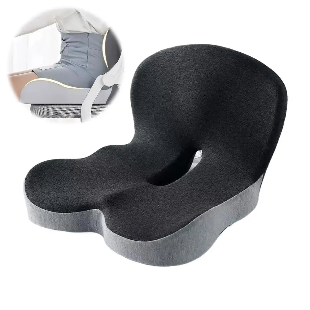 A black ergonomic memory foam car seat cushion with lumbar support shown in a close-up view.