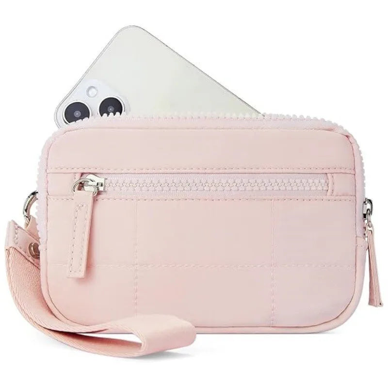 Nylon Quilted Wristlet Wallet with Three Zipper Compartments