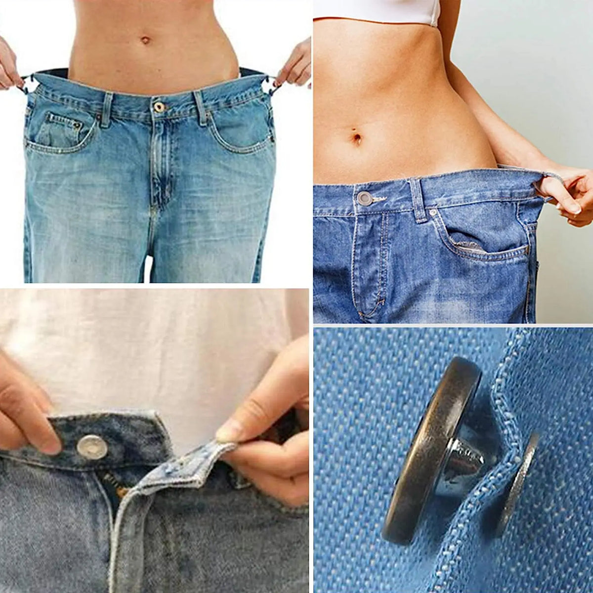 Close-up of denim jeans showing a button repair kit with replacement buttons on the fabric.