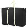 A black extra-large waterproof moving and storage bag with light beige carrying straps.