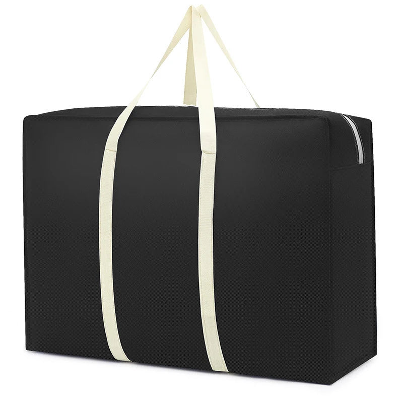 A black extra-large waterproof moving and storage bag with light beige carrying straps.