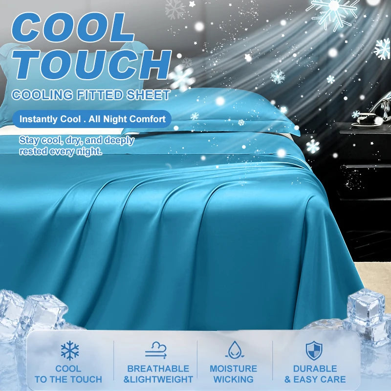 A blue cooling fitted sheet is shown on a bed, emphasizing cool touch and comfort.