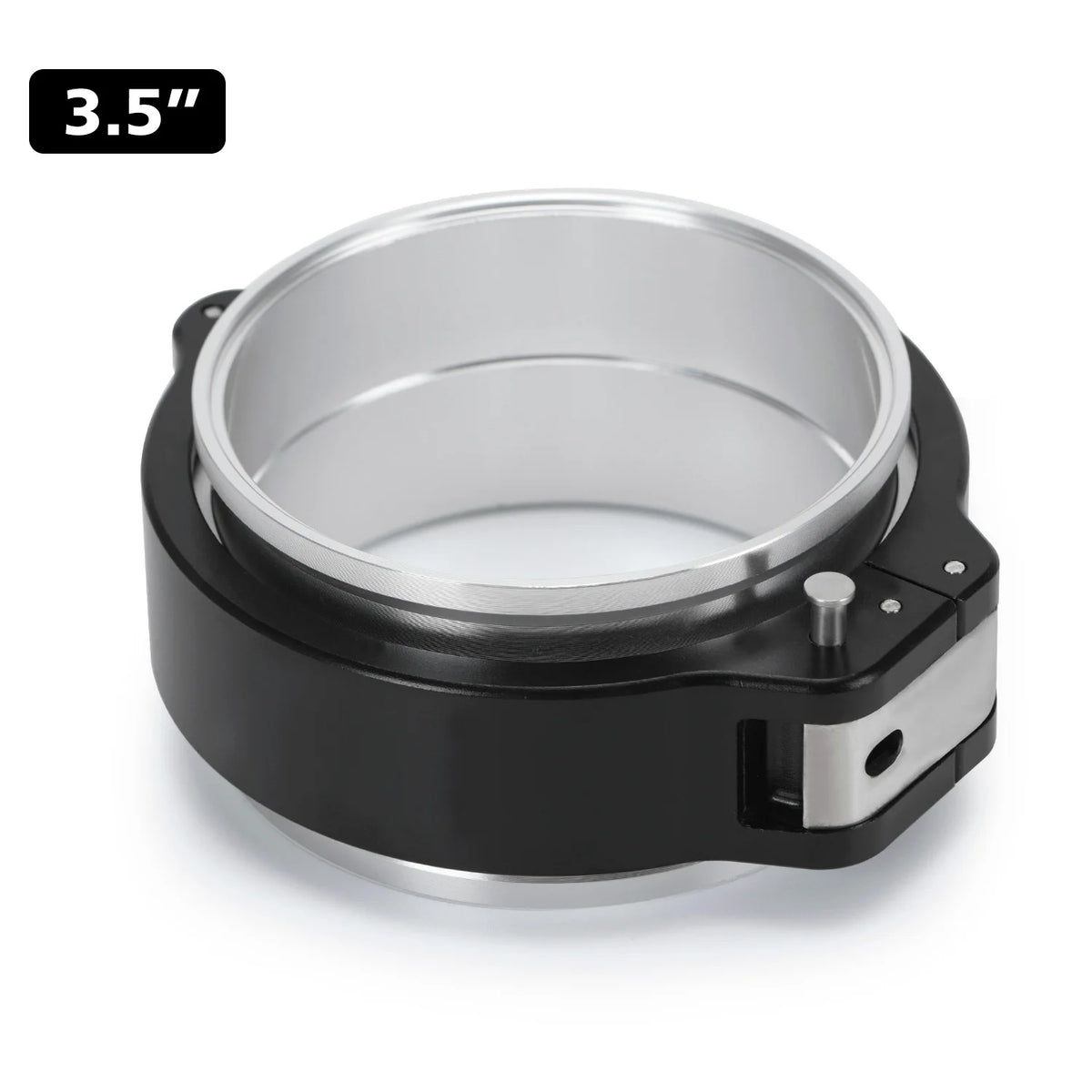 A black heavy-duty aluminum V-band clamp and flange assembly with a 3.5 inch diameter.