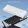 A display showing three color schemes of a mini and compact design keyboard in white, dark gray, and black.