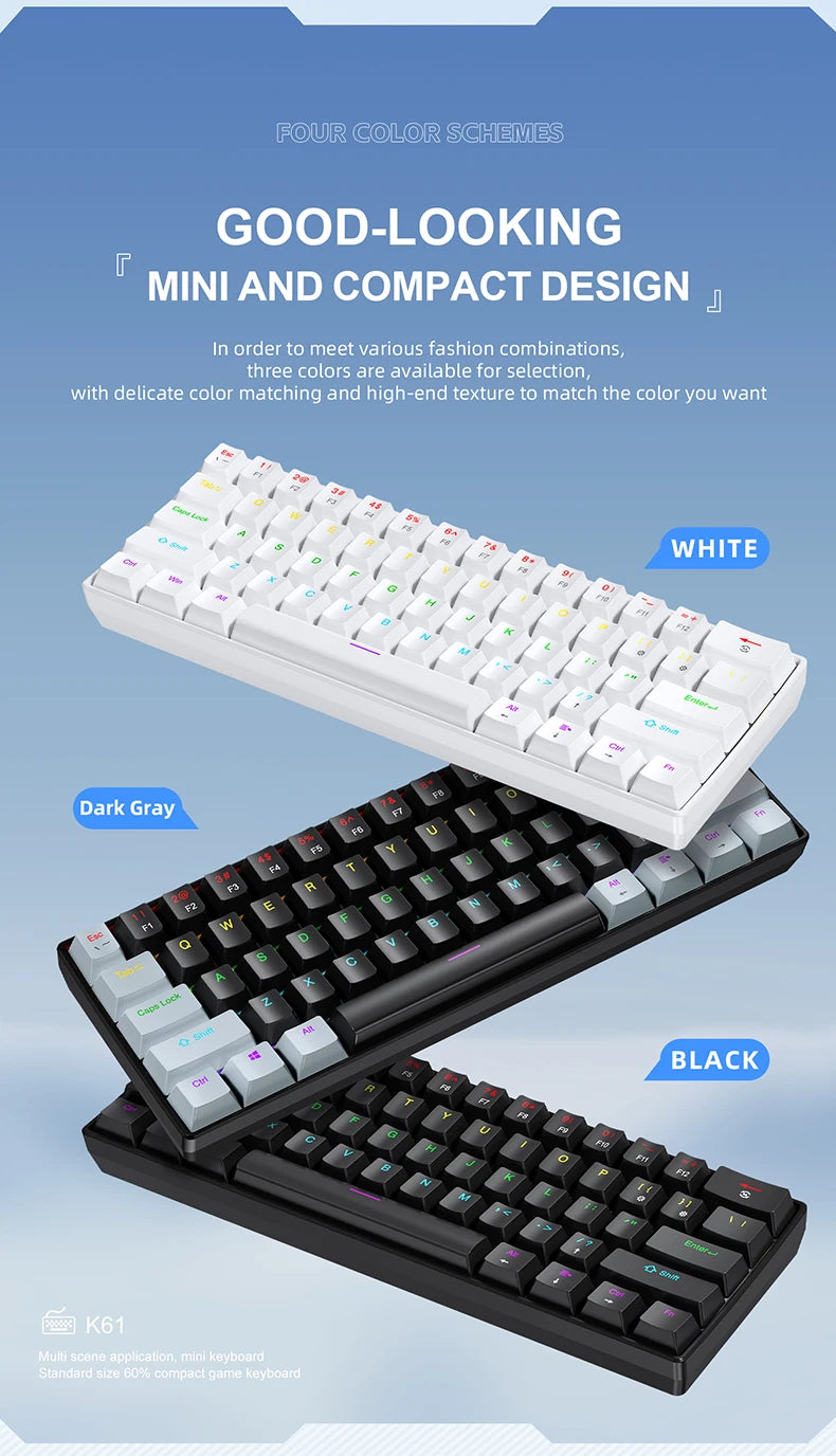 A display showing three color schemes of a mini and compact design keyboard in white, dark gray, and black.