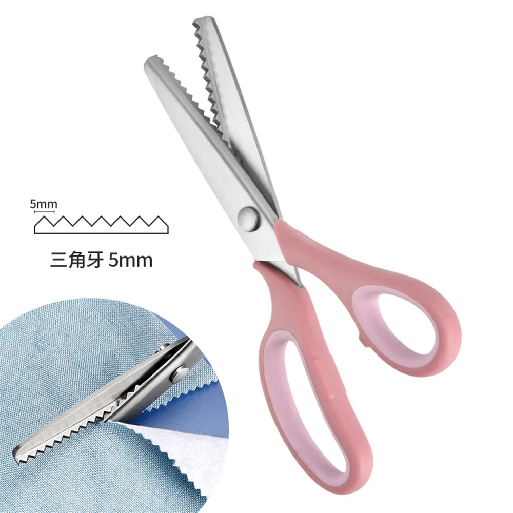 Pink professional pinking shears with stainless steel blades shown next to a fabric swatch.